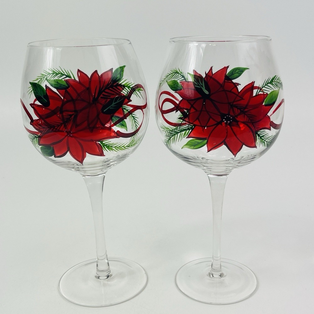 Hand Painted Balloon Wine Glasses Poinsettia 16oz 8.5" Tall Set Of 2